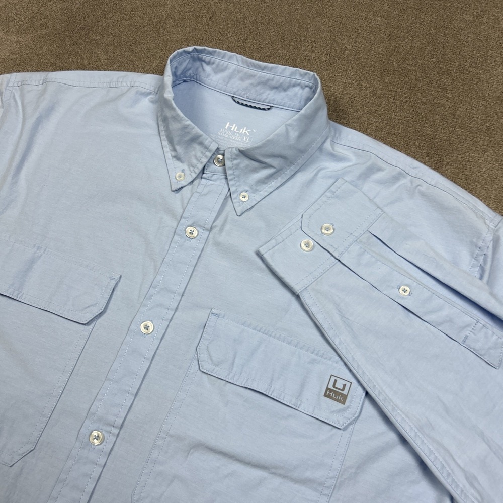 Huk Mens Shirt XL Light Blue Performance Vented Fishing Button Down Casual Tab